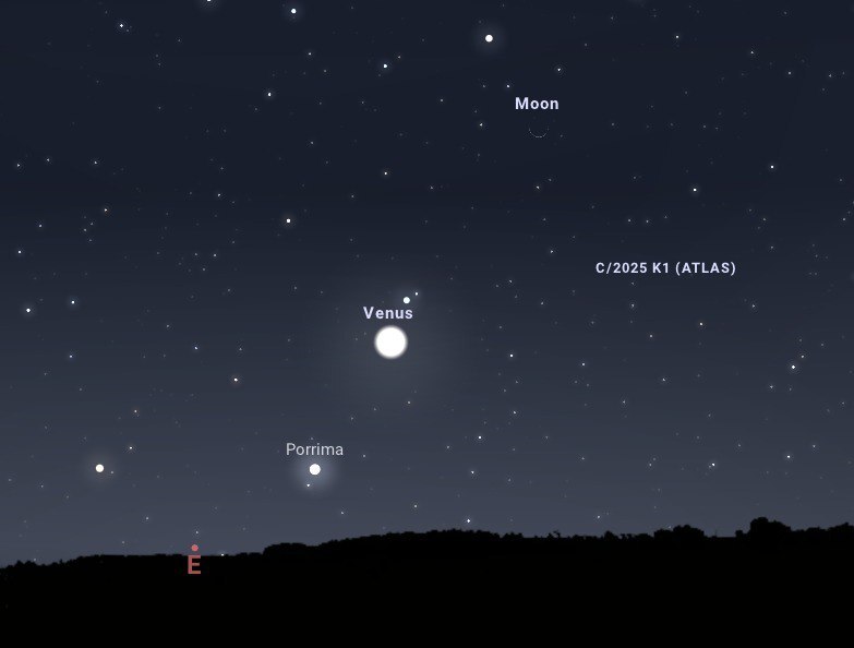مقارنه ماه و مشتری و دنبالهدار لمون؛ مهمان آسمان شبهای پاییز نمای شبیهسازی شده از مقارنه هلال آخر ماه با سیاره زهره